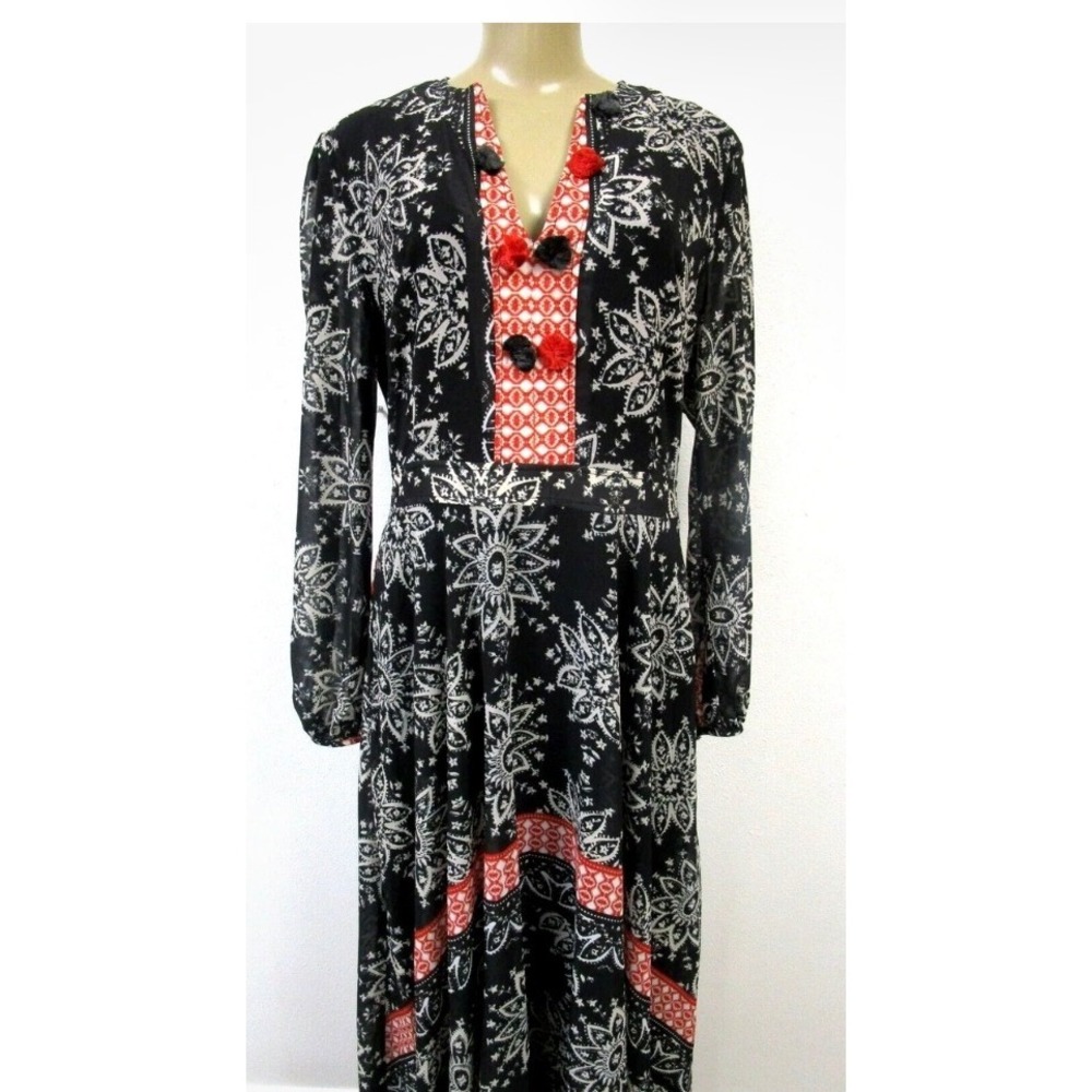 Sheryl Crow Maxi Dress Black White Red Long Sleeve‎ V Neck Boho Festival sz 10